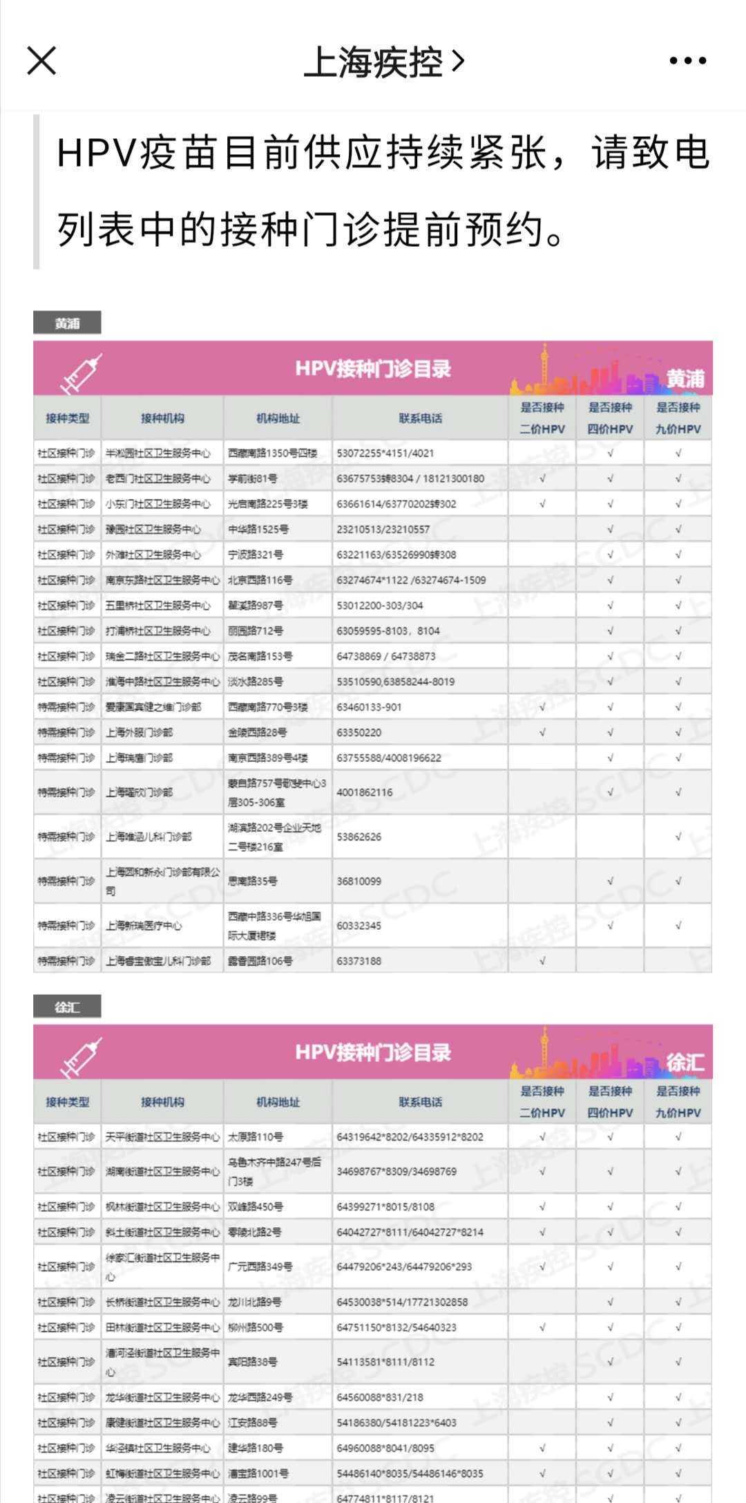 上海疾控官方微信公眾號(hào)提醒，HPV疫苗目前供應(yīng)持續(xù)緊張。